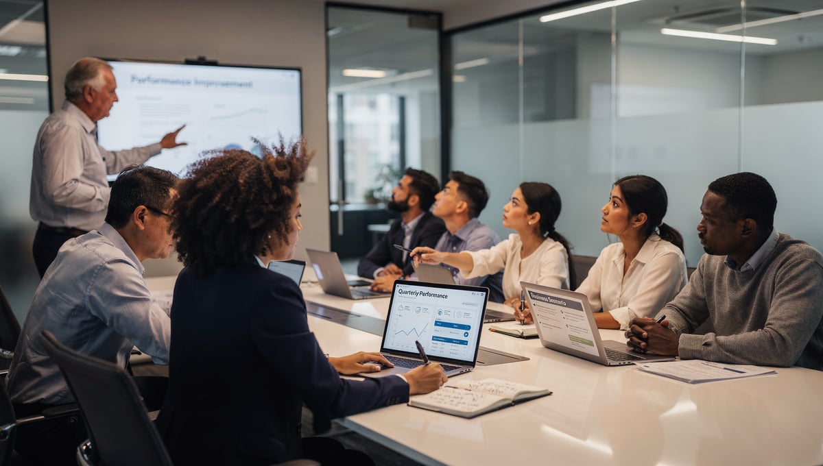 Team collaborating on real-world business scenarios during a capability development session