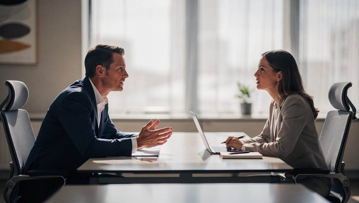 Manager coaching an employee through a performance discussion in a one-on-one meeting