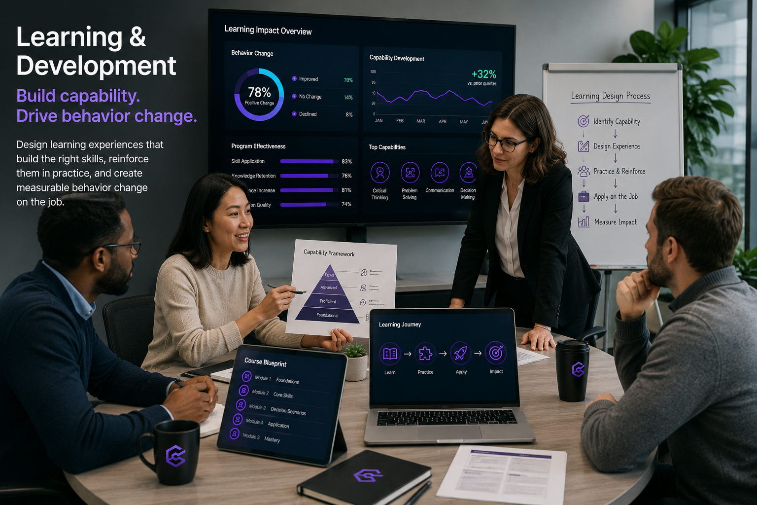Learning and development professionals collaborating to design capability-building experiences that drive behavior change and improve workplace performance.