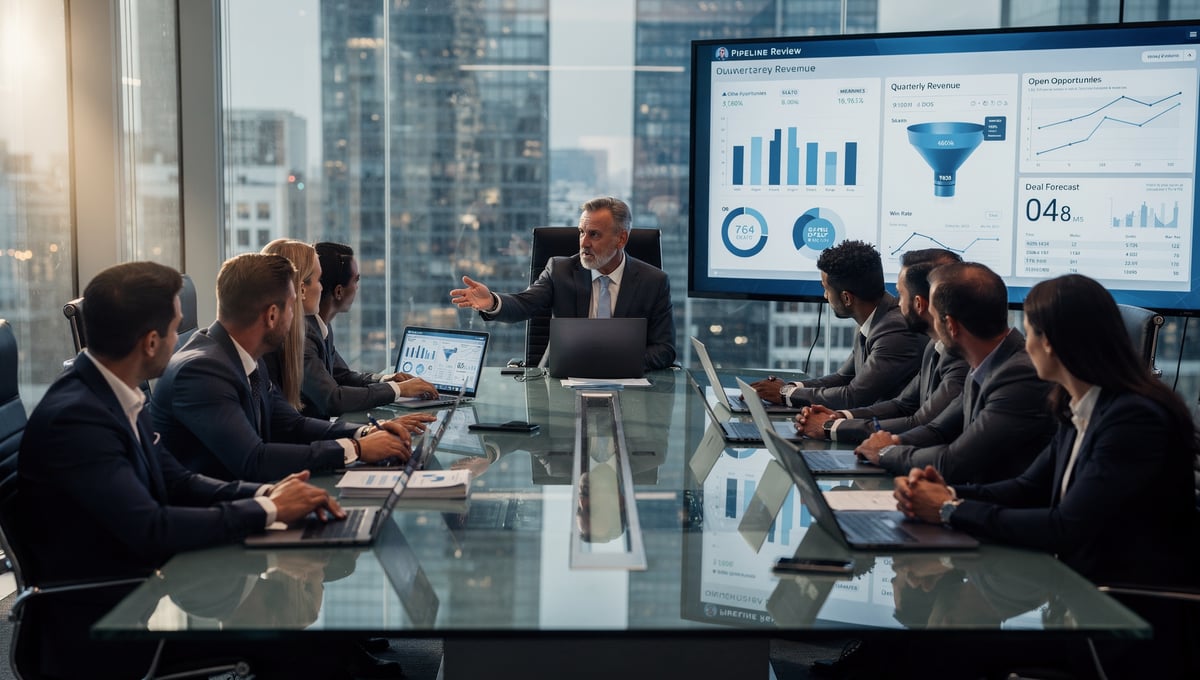 Revenue leader reviewing pipeline performance and deal data with team during a strategy meeting
