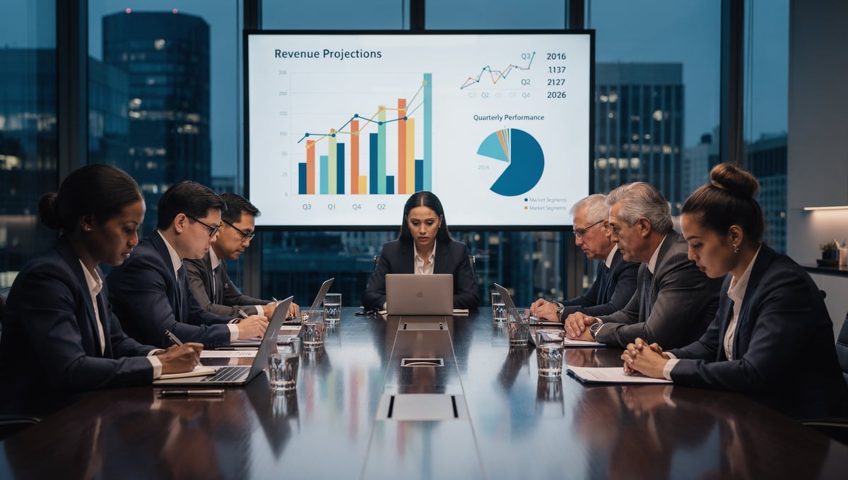 Executive team analyzing revenue projections while making a high-stakes business decision