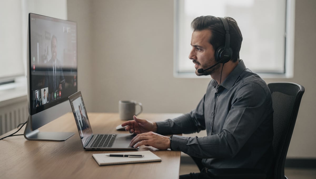 Professional managing a challenging customer conversation with focus and composure