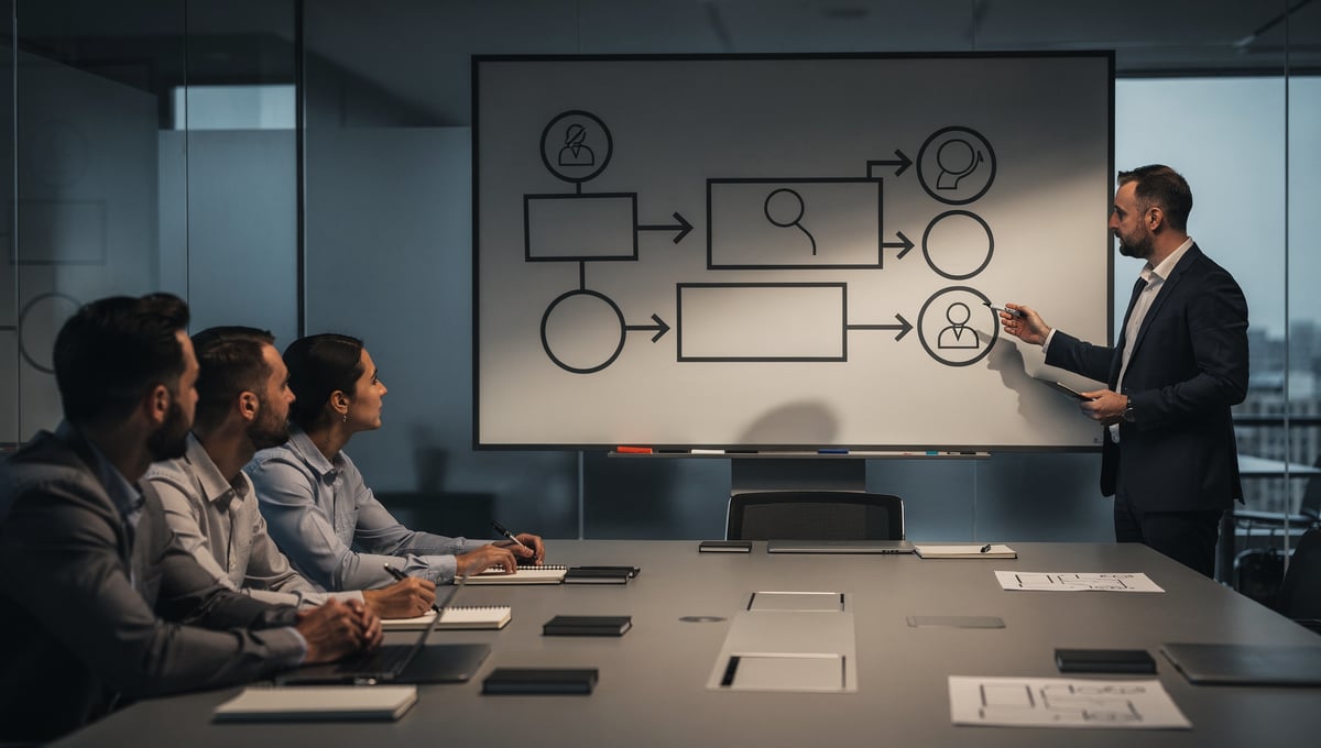 Business leader presenting a decision framework to a team during a strategy meeting,