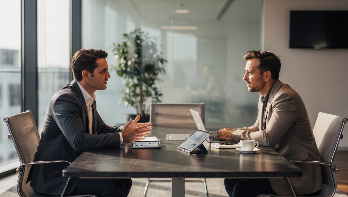 Sales representative leading a client conversation during a face-to-face business meeting
