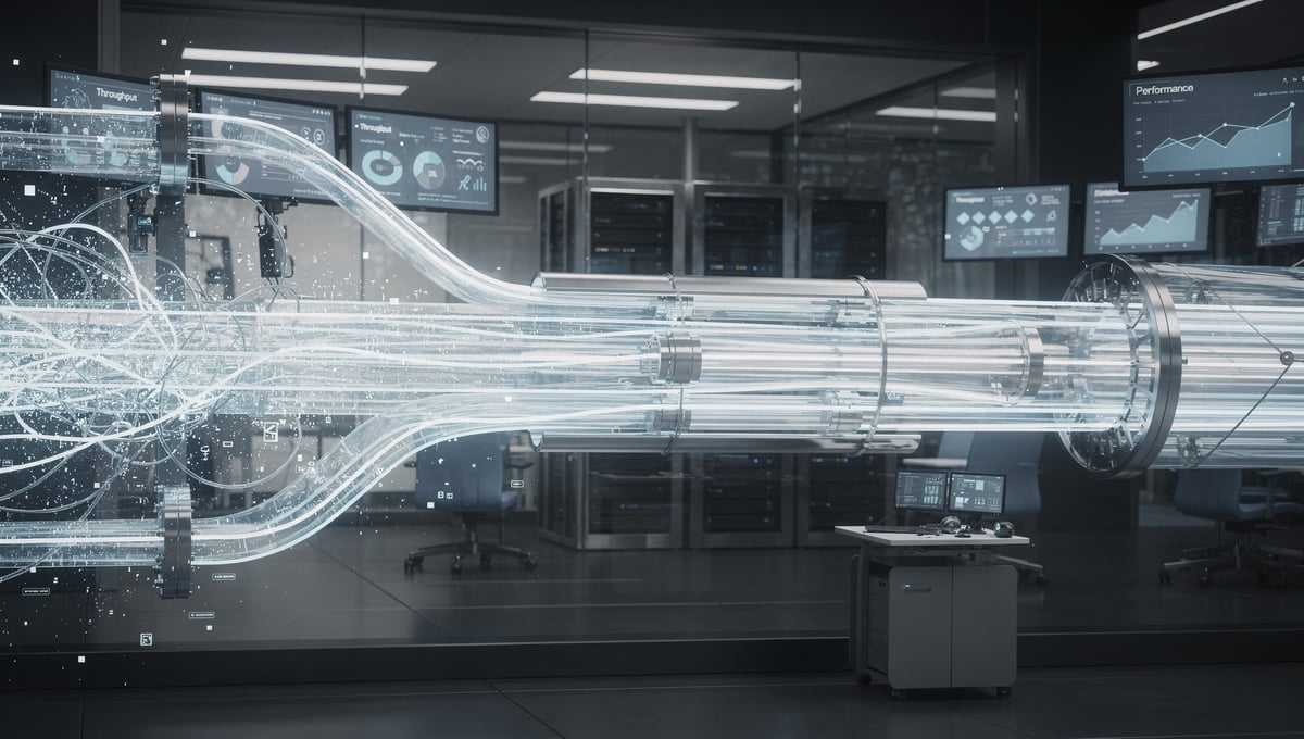 Digital data streams flowing through a structured system in a high-tech operations environment