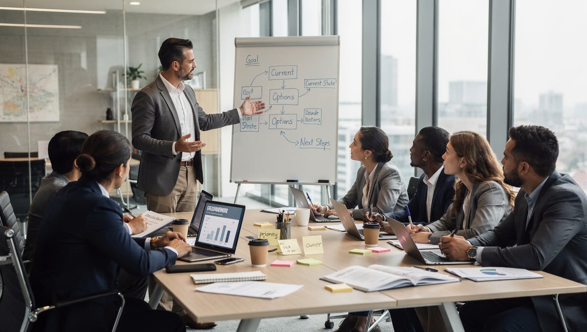 Learning and development leader guiding a team through a structured decision-making workshop