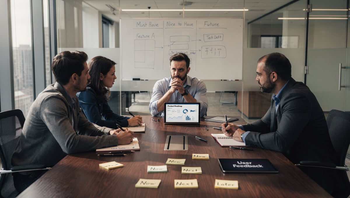 Product leader evaluating tradeoffs between competing priorities with team input