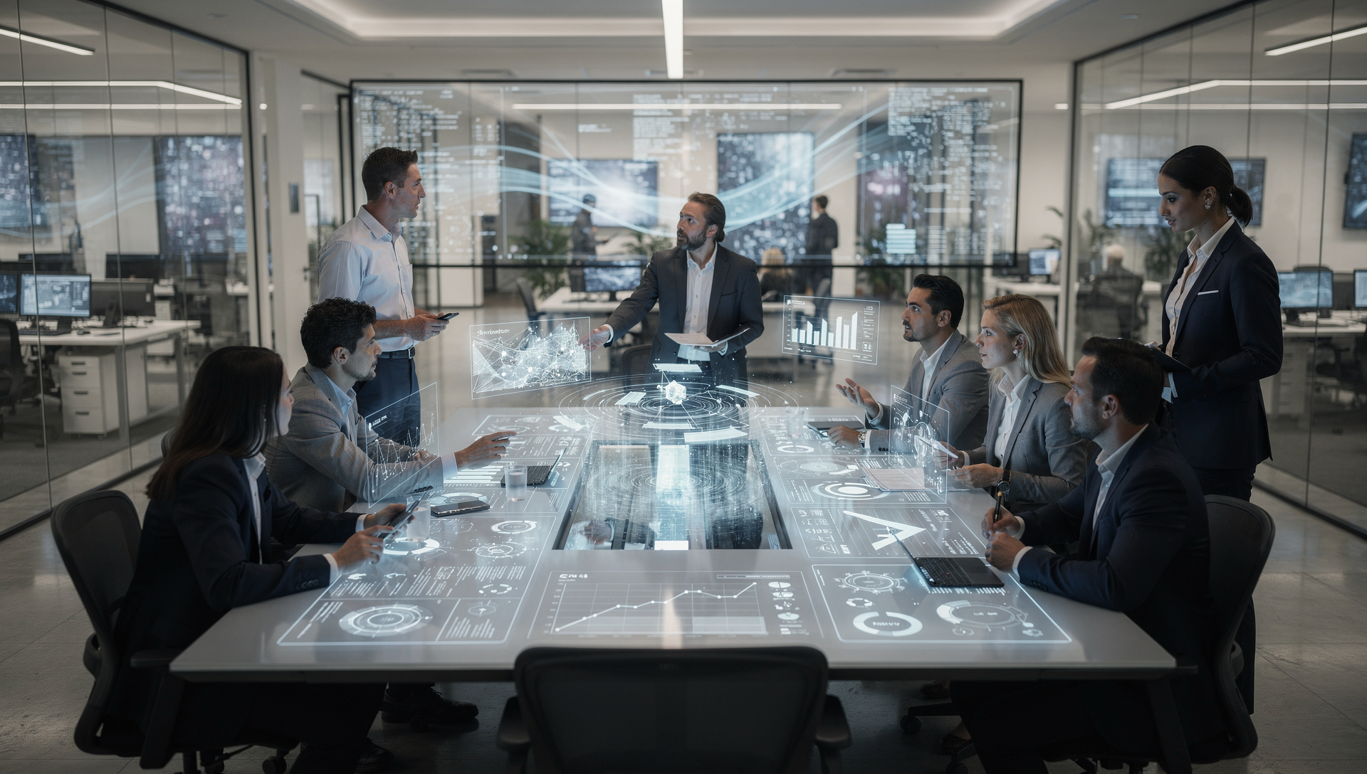 Executive team meeting around holographic data table building AI decision capability
