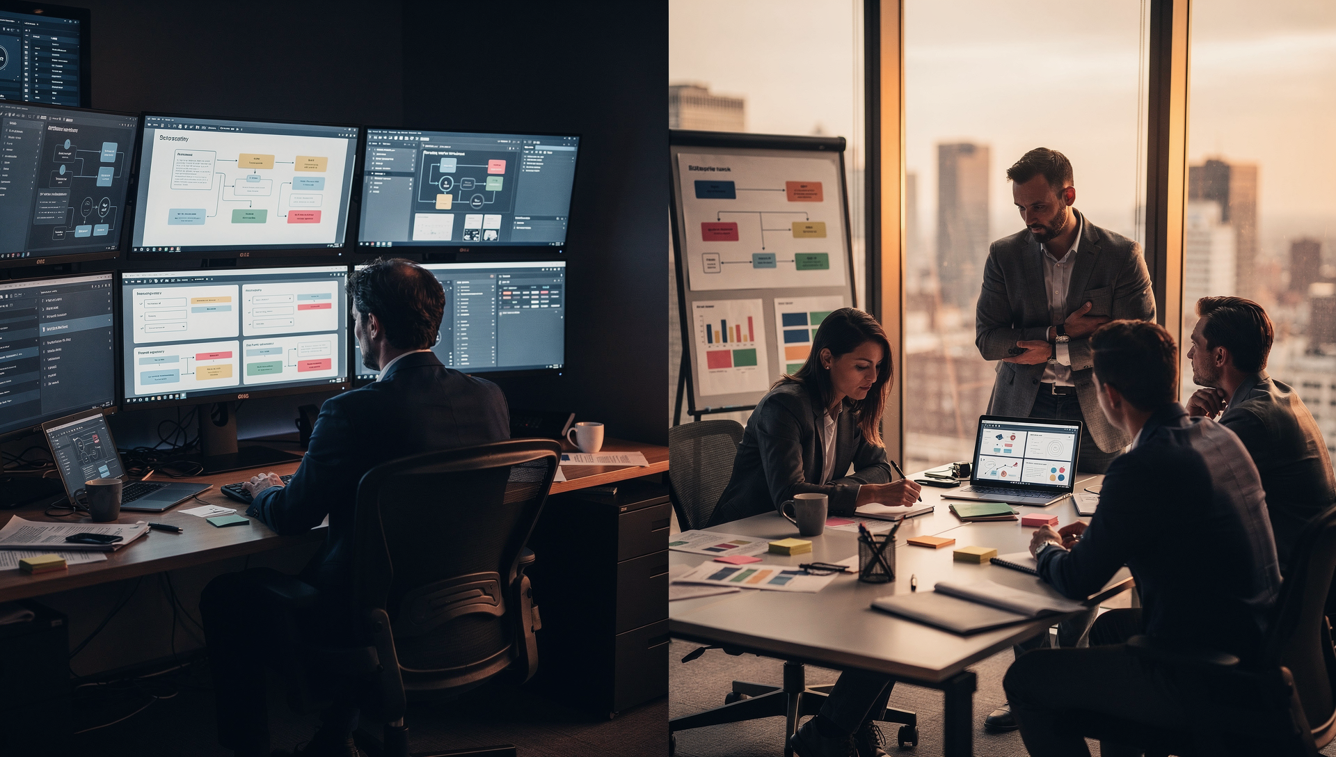 Split scene showing an individual building structured course content across multiple screens on one side, and a team collaborating to make decisions and solve problems on the other.