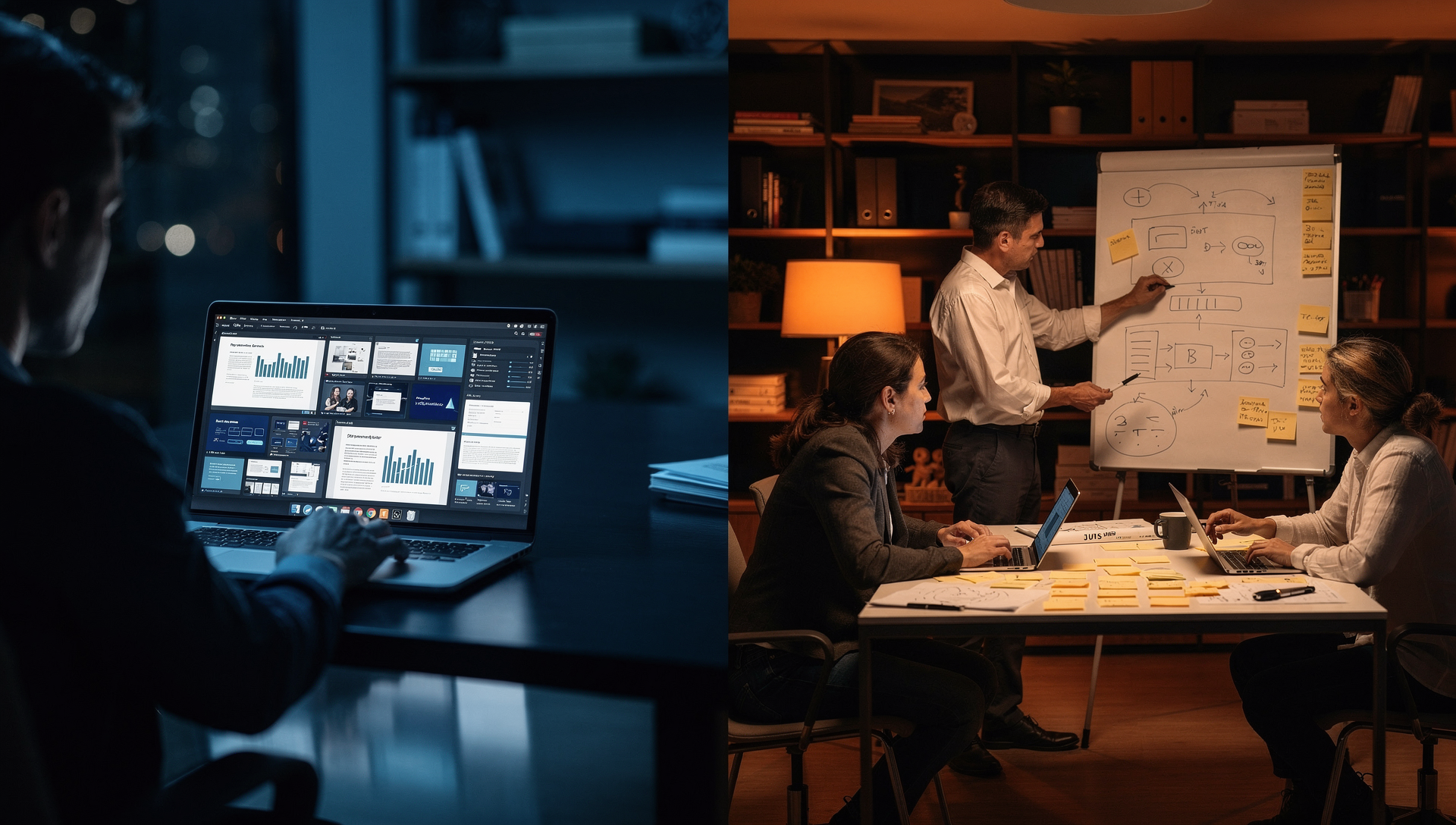 Split scene showing an individual creating structured digital course content on one side, and a team defining decision pathways and outcomes on the other.
