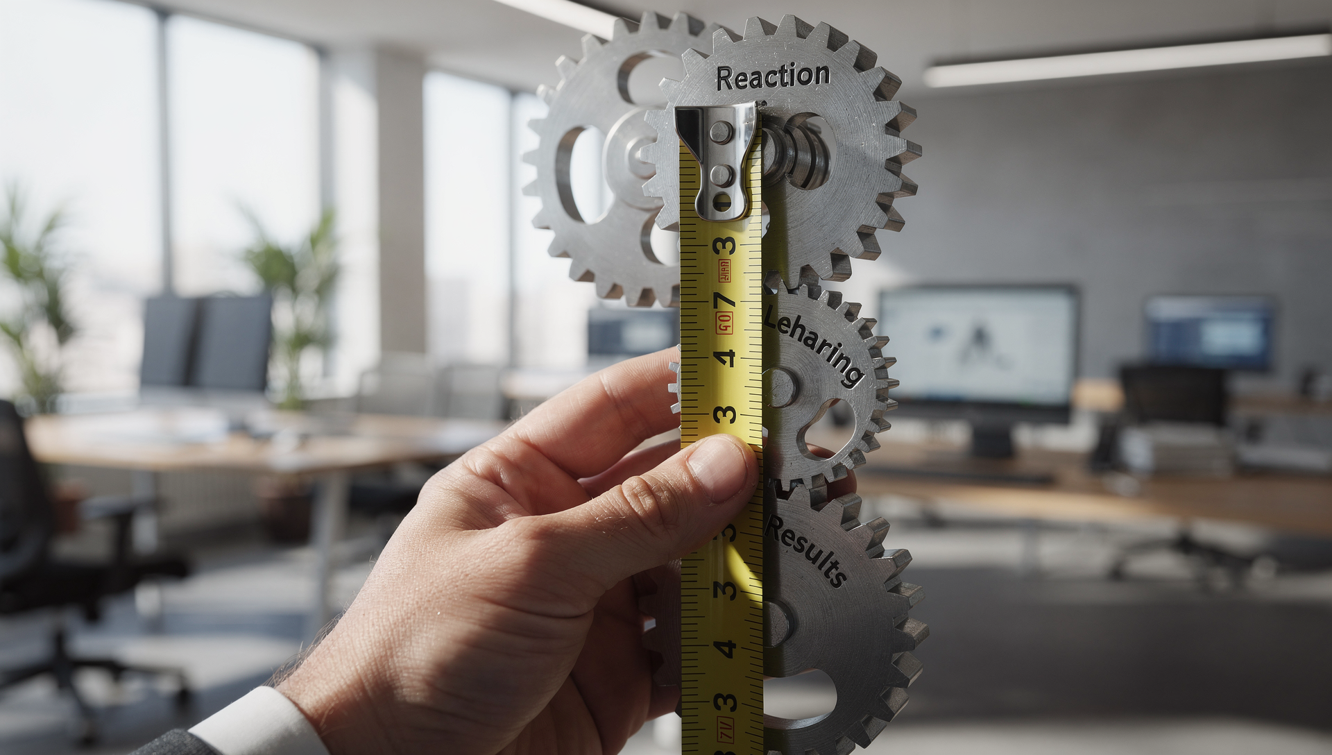 Hand measuring Kirkpatrick gears labeled Reaction, Behavior, Results with measuring tape