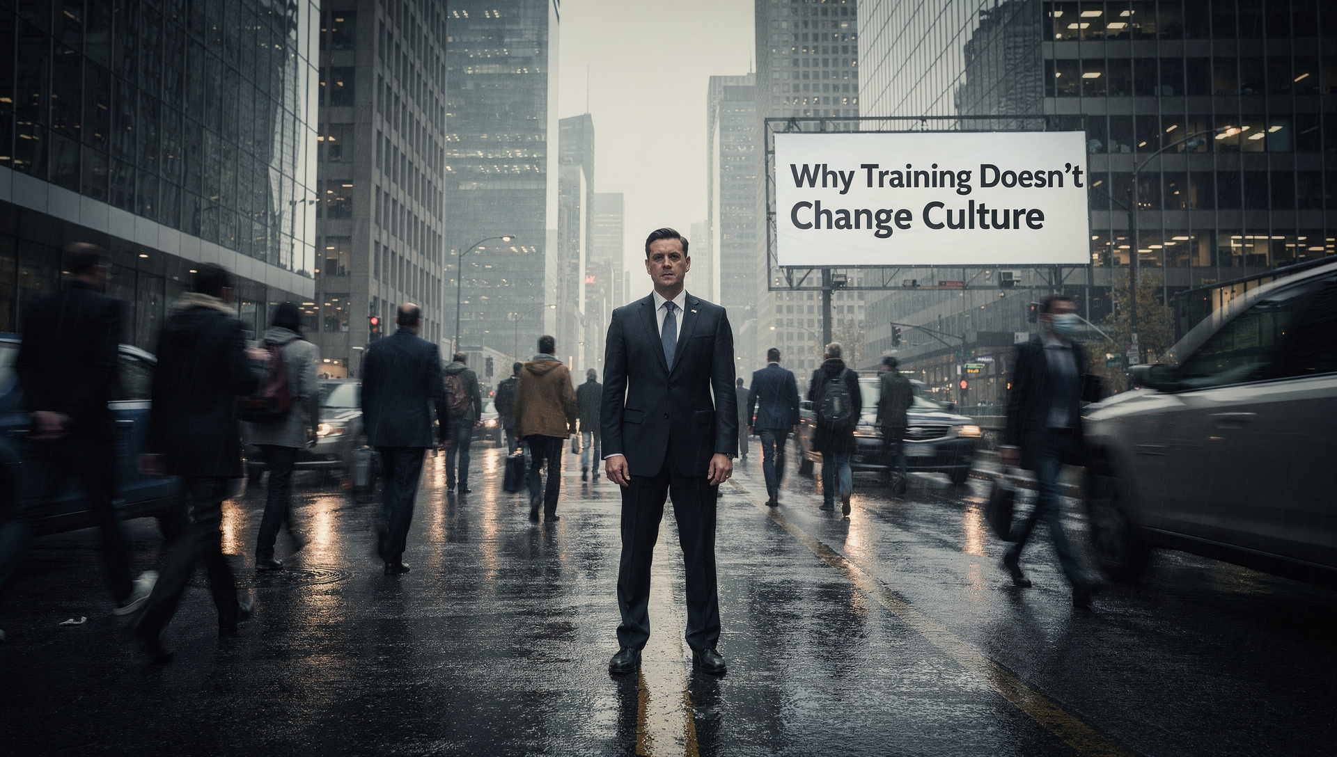 Businessman stands before billboard reading 