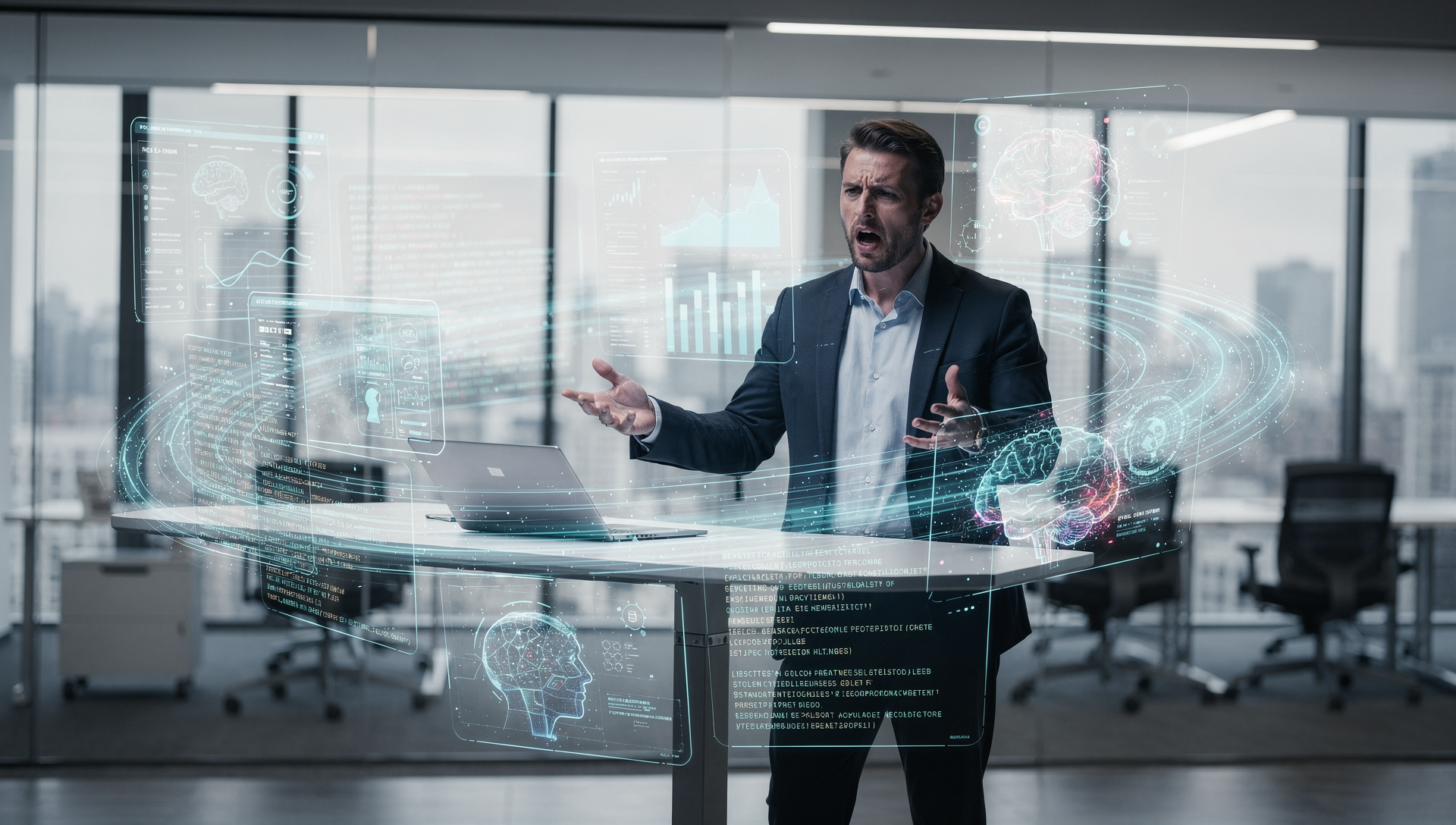 Performance consultant presents AI analytics on holographic screens in modern office