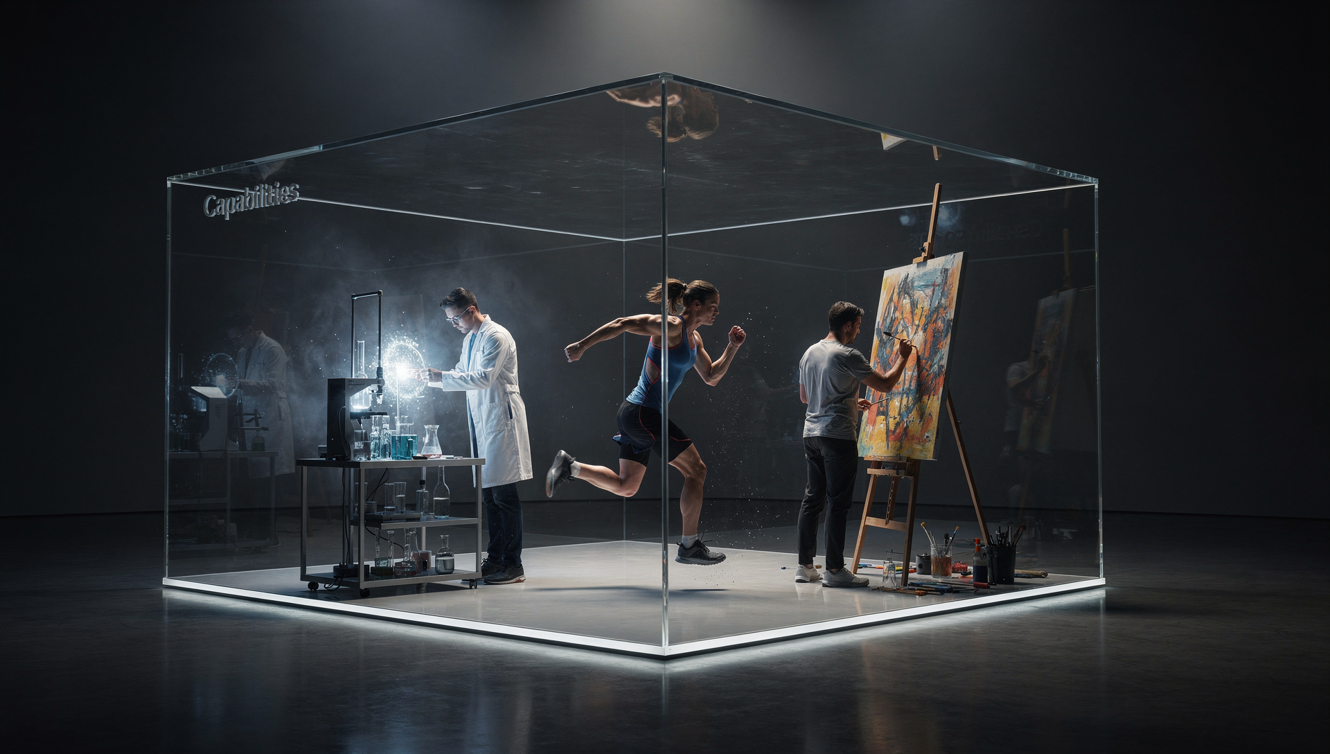 Scientists, artist, runner inside glass case labeled 