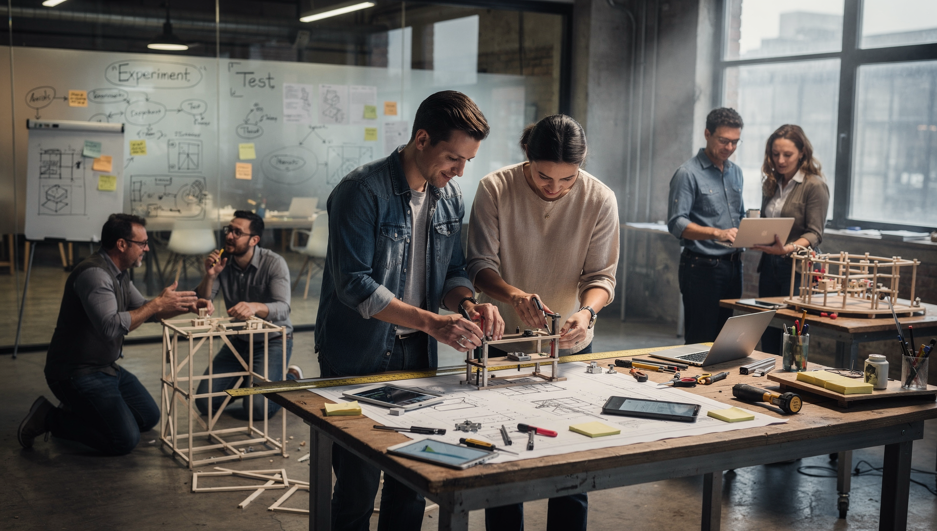 Diverse team experiments, tests, builds prototypes with sketches—experiential learning in action.