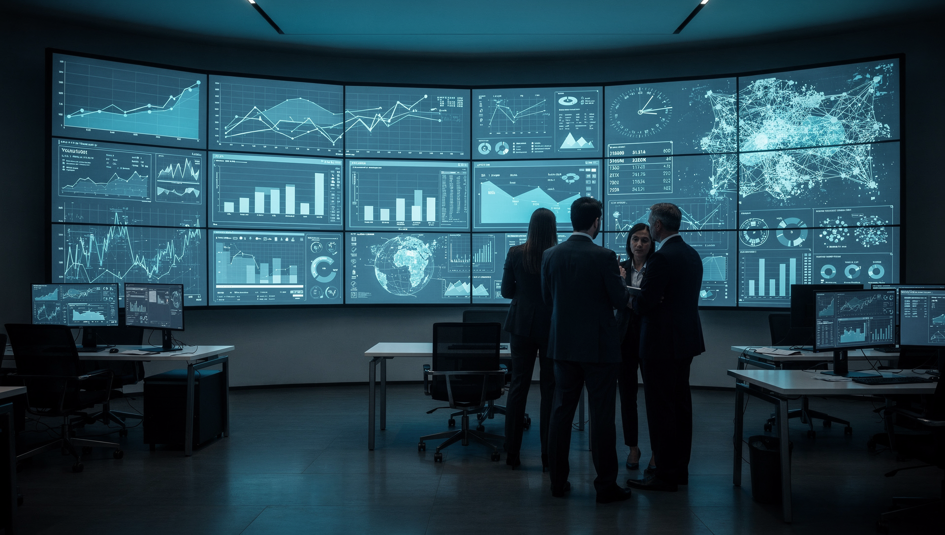 Business professionals standing in a modern control room analyzing large digital dashboards filled with data visualizations, charts, and network maps.