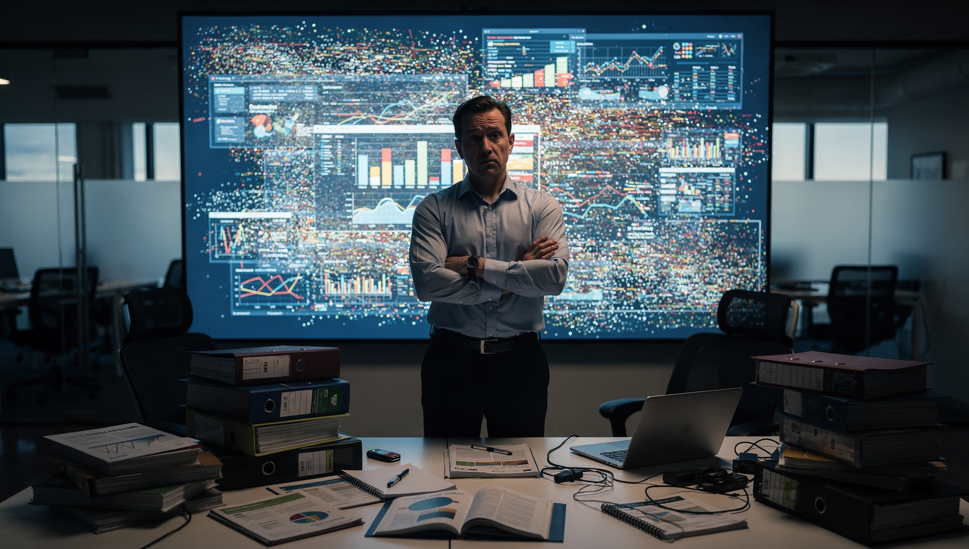 Professional facing overwhelming data dashboards and reports, highlighting the challenge of turning complex information into clear decisions.