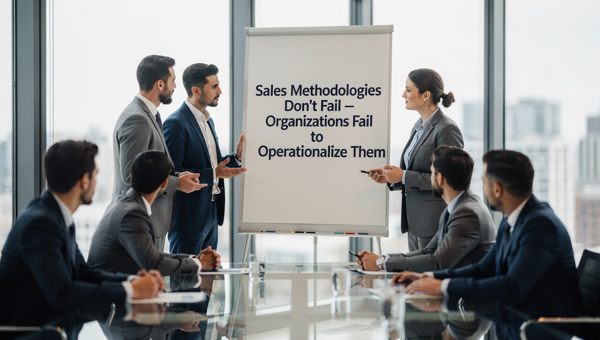 Sales team discussing strategy around a board highlighting the challenge of turning sales methodologies into consistent execution.