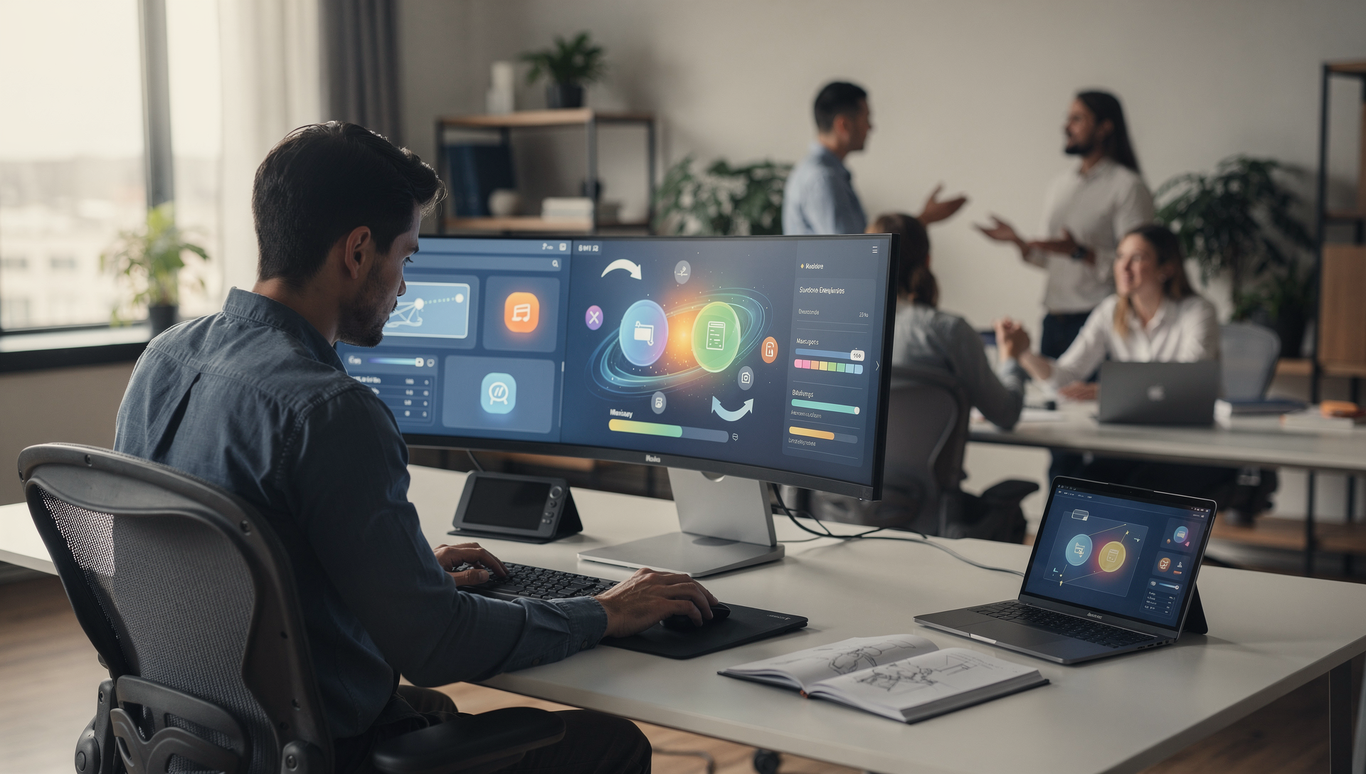 Learning experience engineer at multi-monitor workstation designing interactive simulations