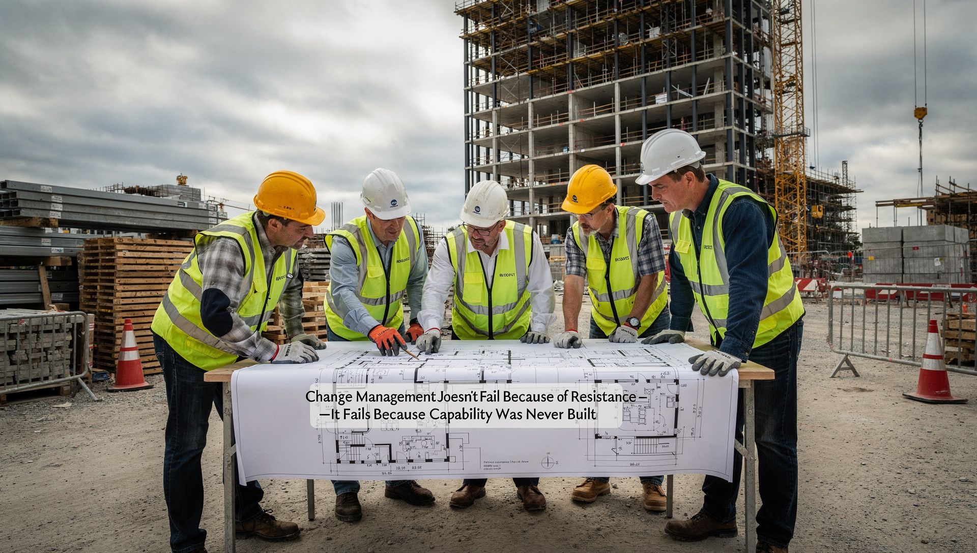 Construction team reviewing plans on-site, highlighting the gap between change strategy and the capability to execute it effectively.