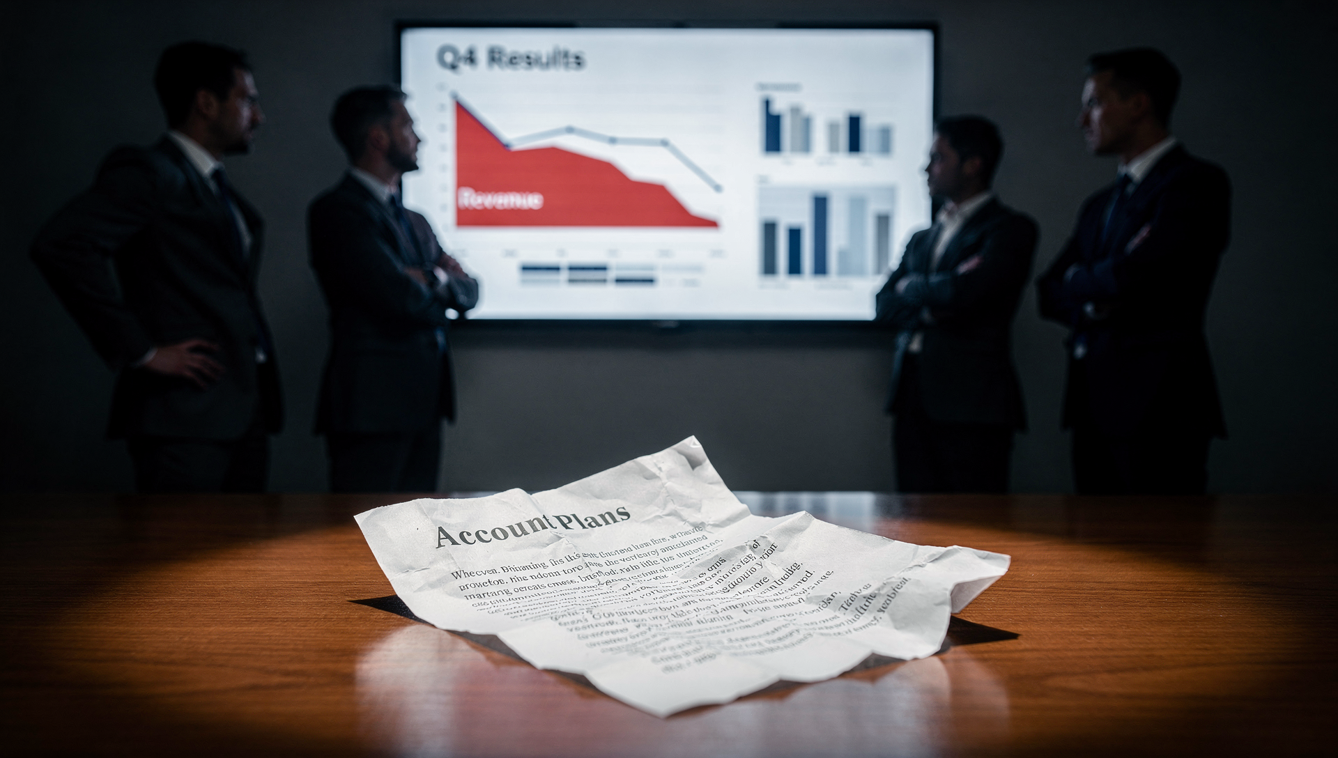 Crumpled account plan in foreground as sales leaders review declining results, highlighting the gap between planning and execution.