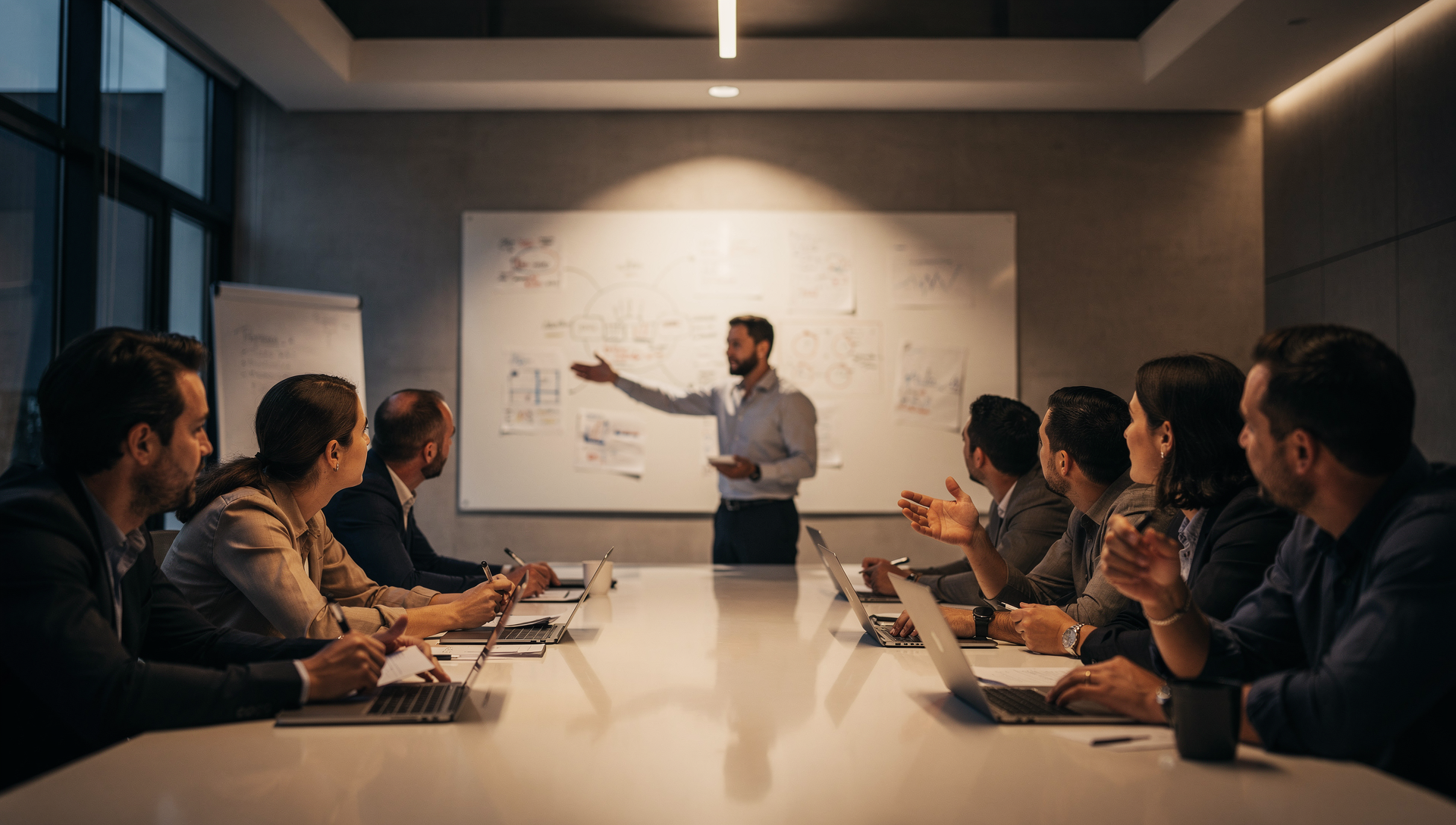 Team reviewing strategy on a whiteboard during a meeting, highlighting the gap between planning discussions and real-world decision execution.