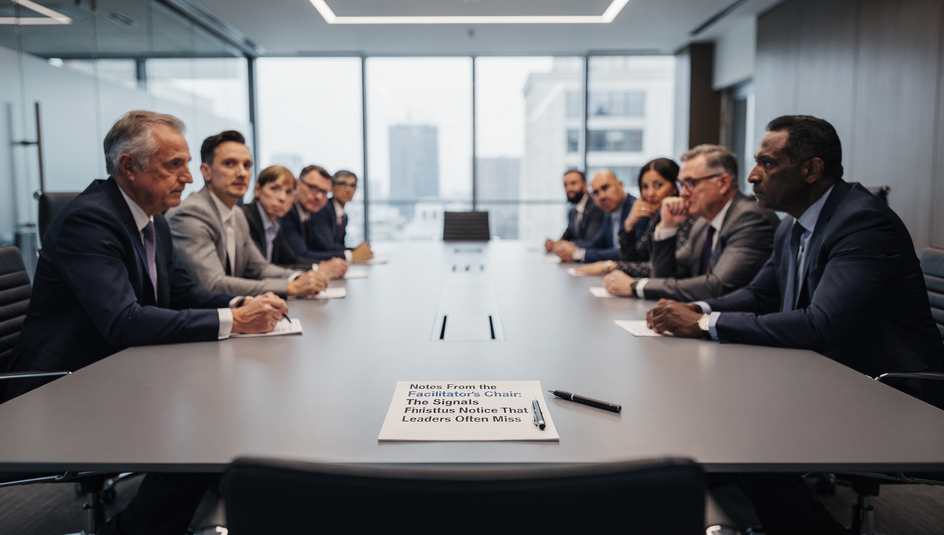 Leadership team in a tense meeting reviewing notes, highlighting the challenge of recognizing and acting on critical signals in decision-making.