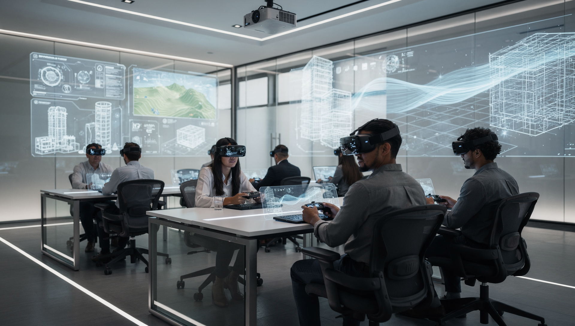 Team wearing VR headsets in simulation training session with holographic 3D models