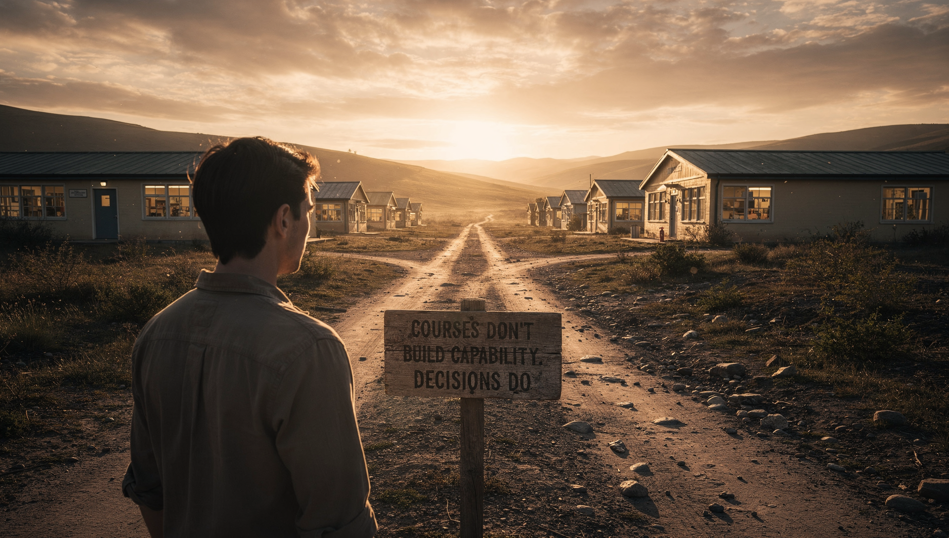 Person faces fork in road with sign: 