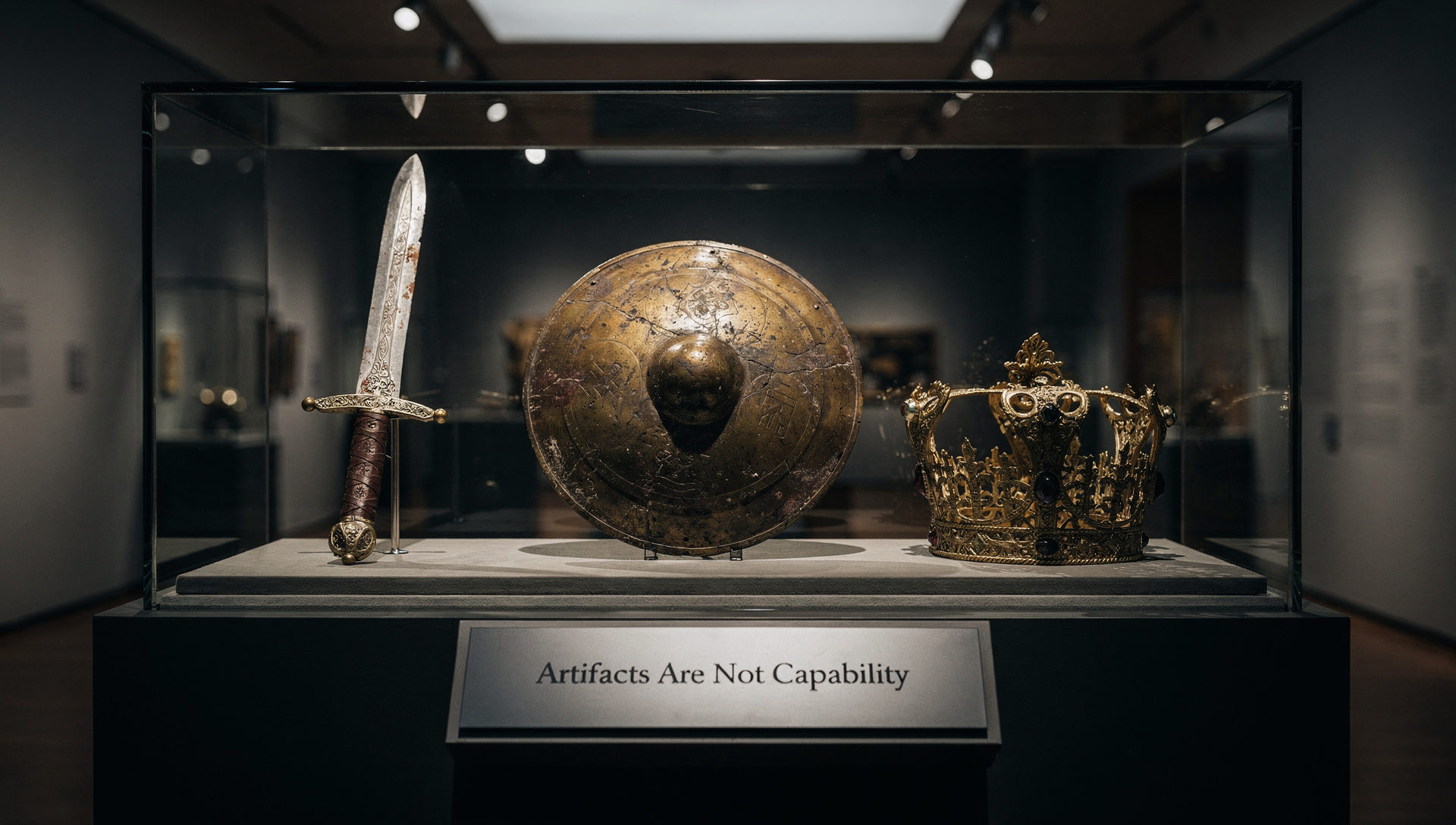 Museum display case with sword, shield, crown labeled 