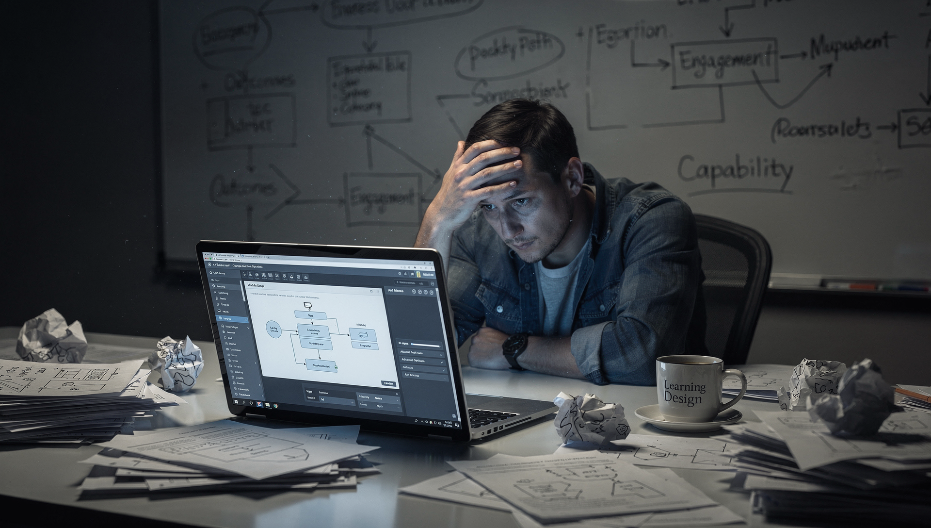 Frustrated designer at laptop with failed learning tool flowcharts and scribbled papers