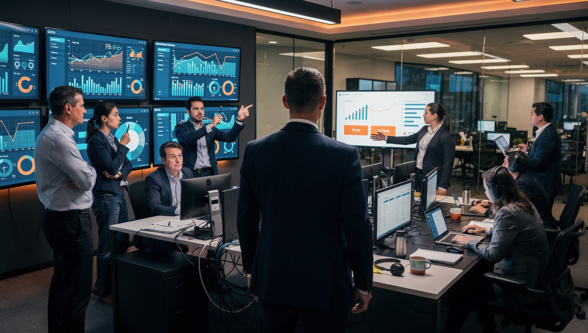 Layered scene combining fragmented code, data, and communication overlays with a team working beneath, symbolizing complexity in decision-making.