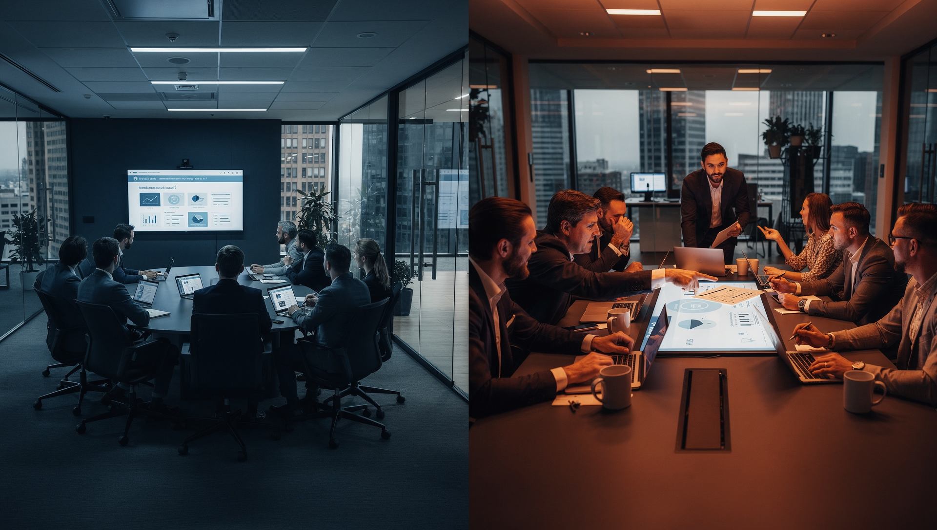 Split scene showing a team passively reviewing a presentation on one side, and actively collaborating and making decisions on the other.