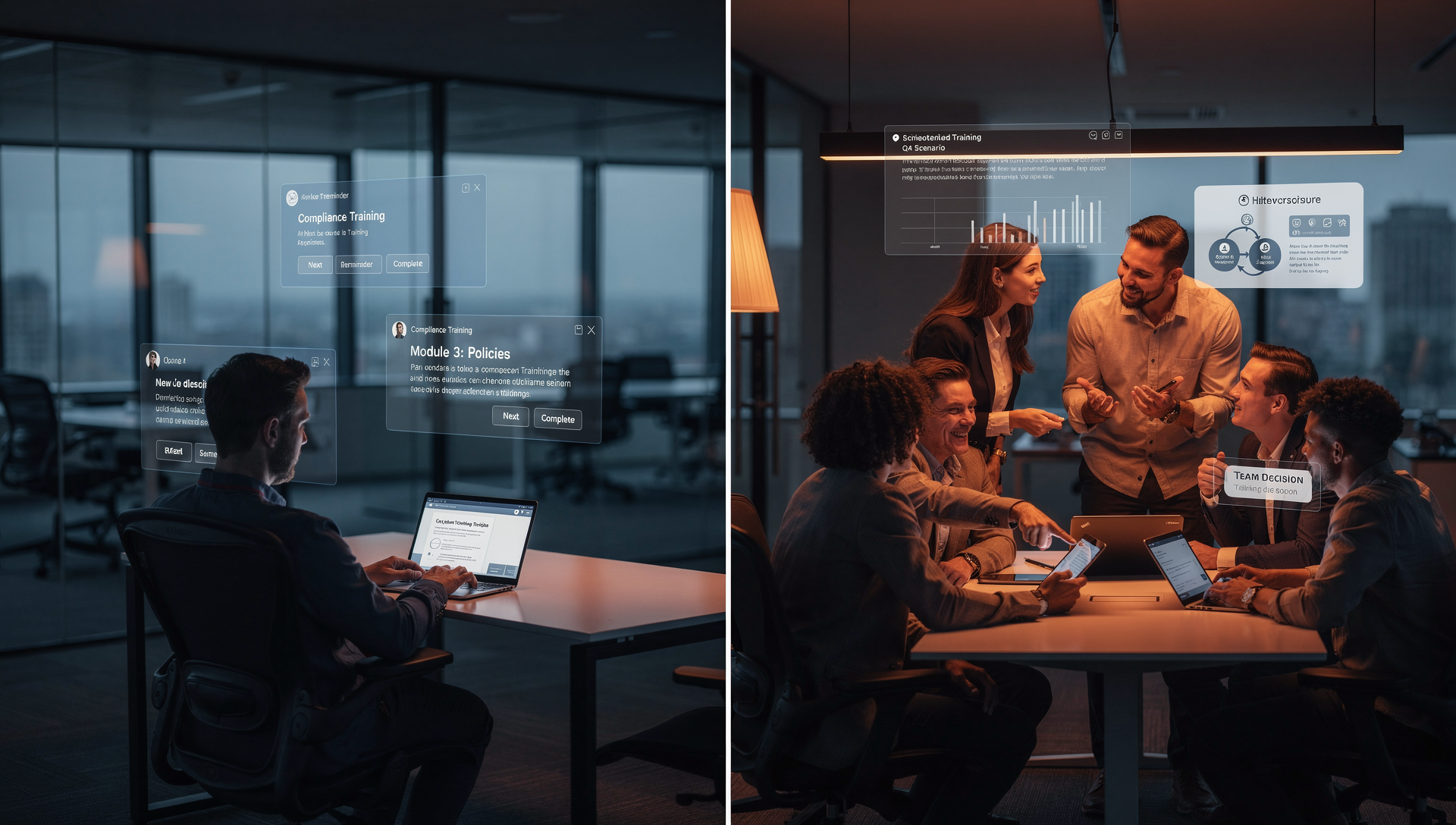 Split scene showing an individual completing online training modules alone, contrasted with a team collaborating and making decisions together.