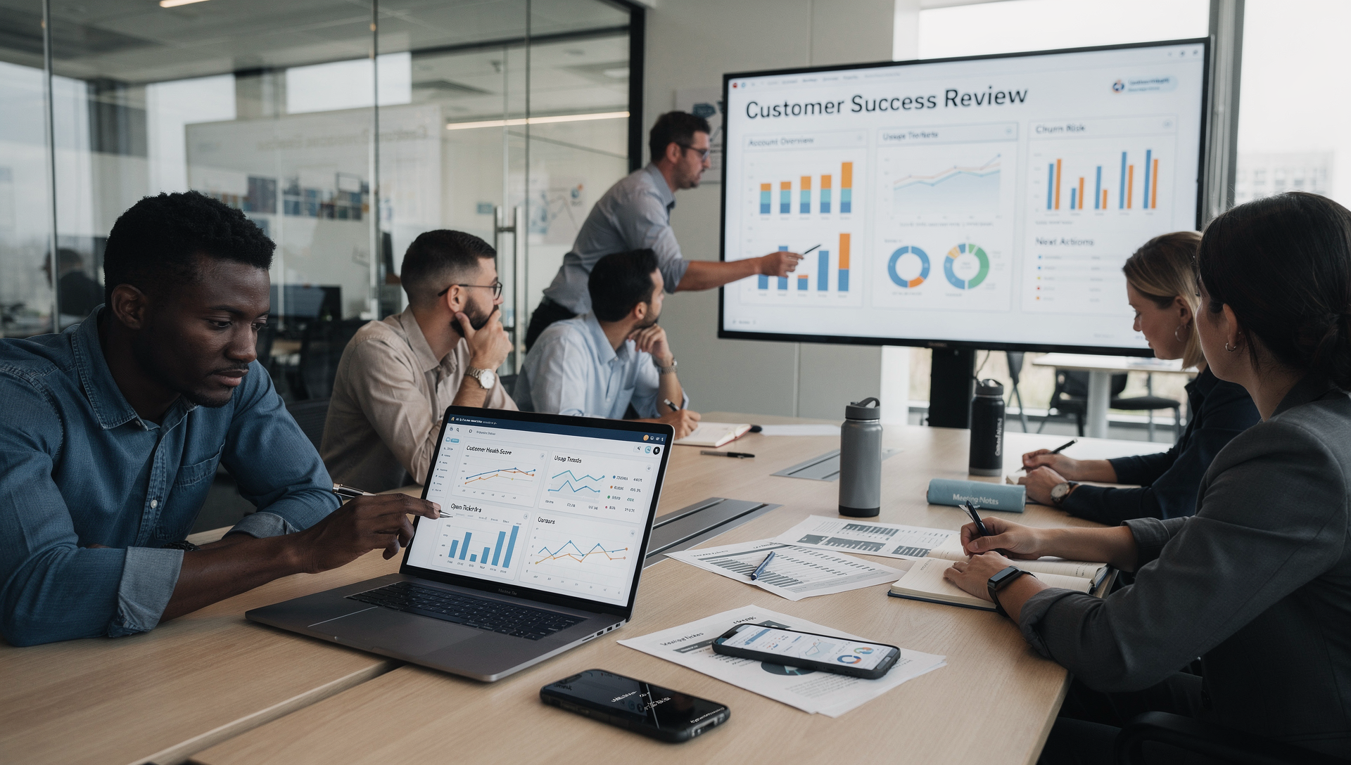 Customer success team handling a complex customer situation with data and discussion