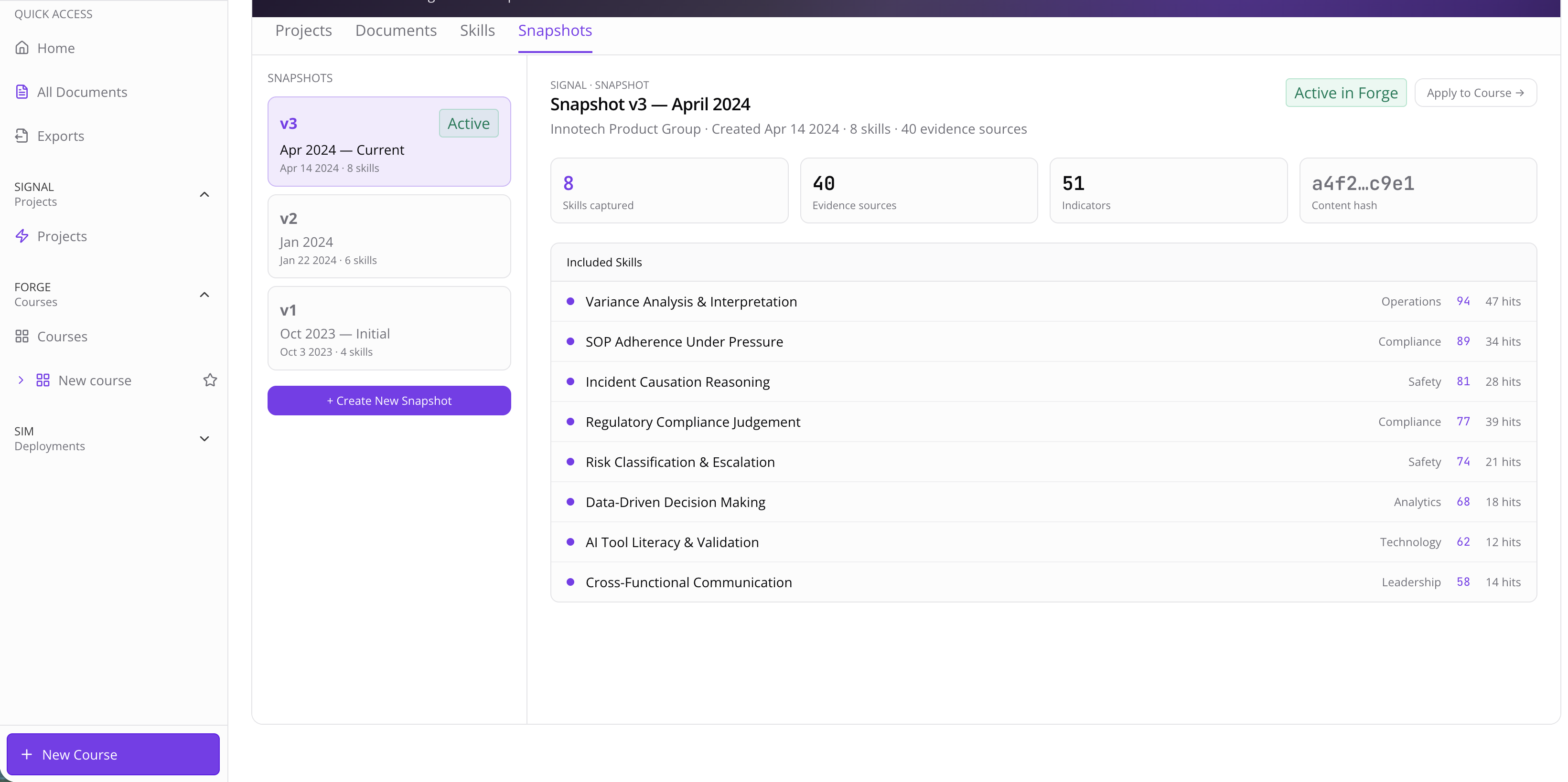 Dashboard showing a skills snapshot (v3, Apr 2024) with metrics, evidence sources, and a list of operational and compliance capabilities.