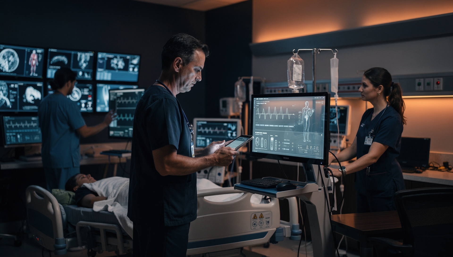 Healthcare professionals reviewing patient data and monitoring systems, making critical decisions in a clinical setting.