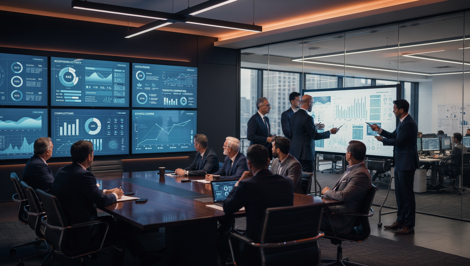 Executive team reviewing data dashboards and discussing performance metrics, contrasted with leaders actively aligning on decisions in a strategy session.