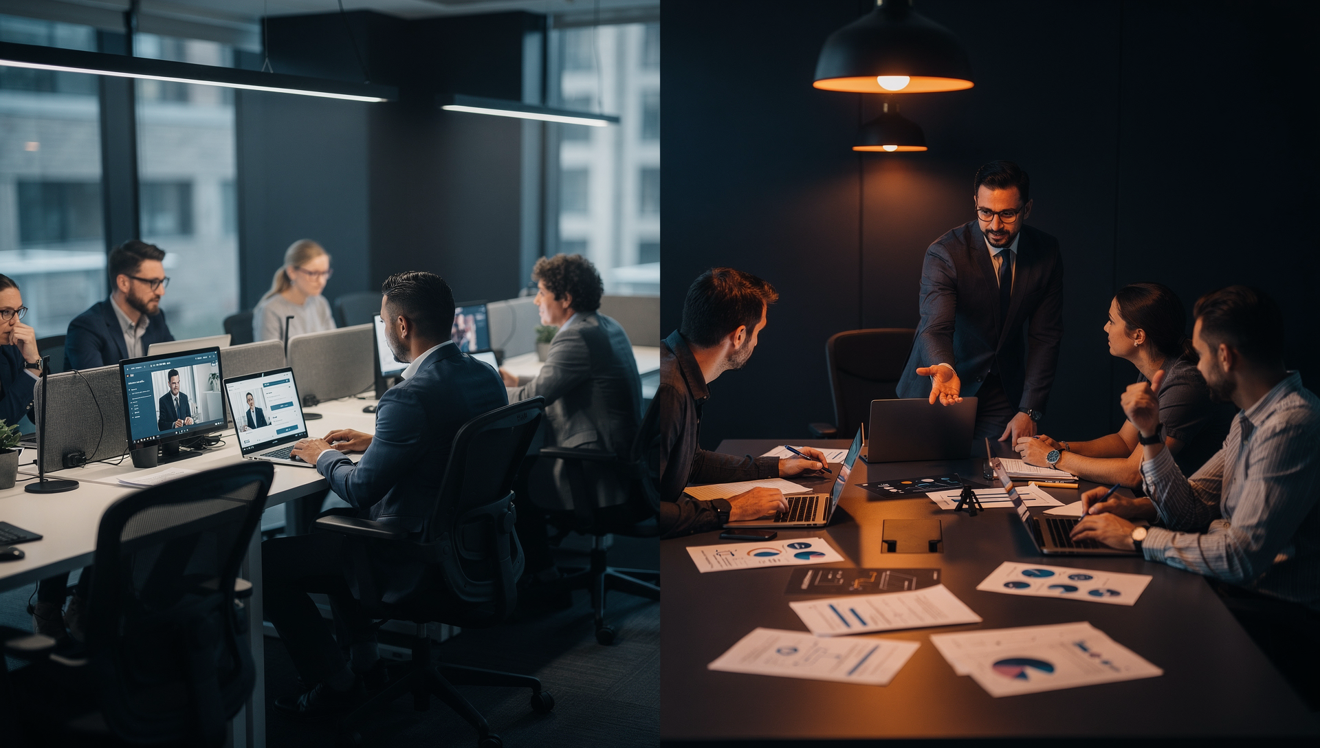 Split scene showing employees passively engaging with digital learning tools on one side, and a team actively collaborating and making decisions on the other.