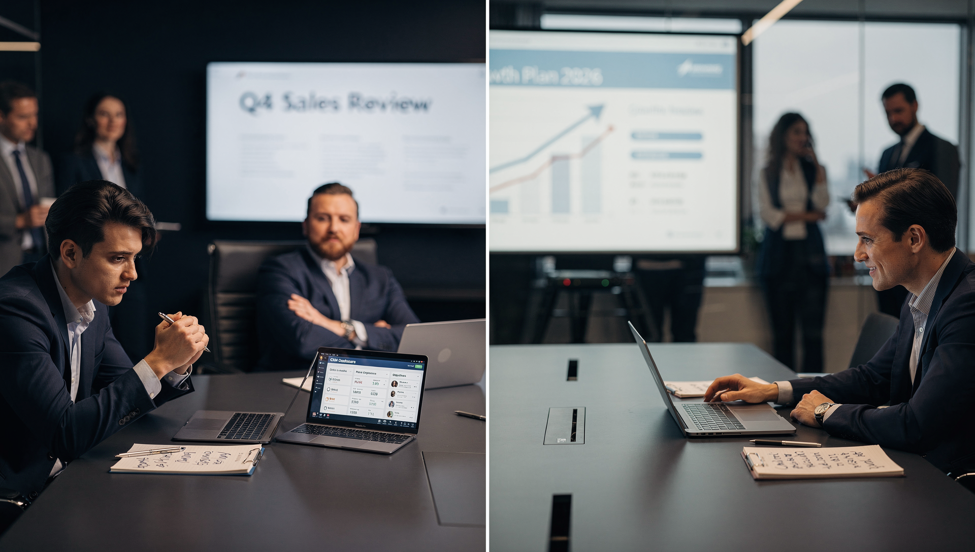 Split scene showing a sales professional hesitating during a performance review on one side, and confidently engaging and executing on the other.