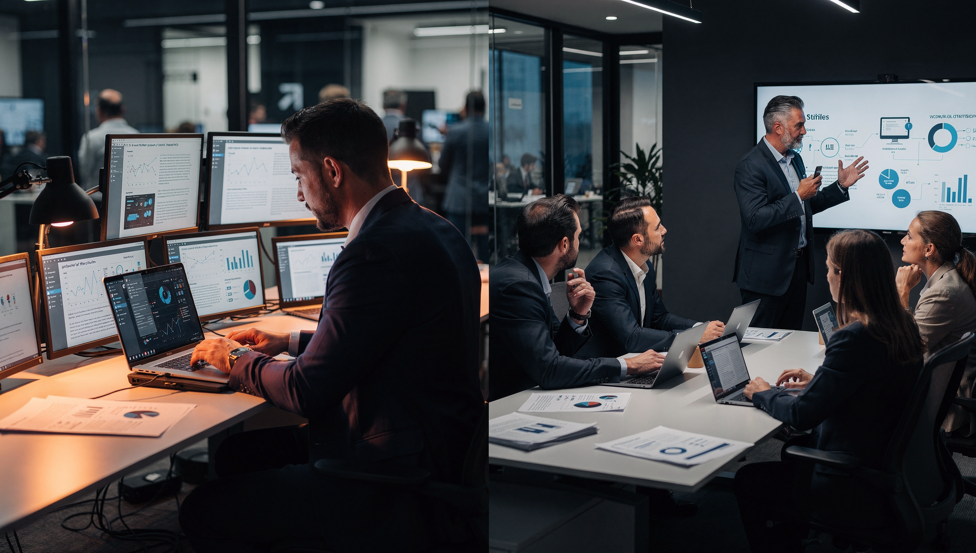 Split scene showing an individual analyzing data across multiple screens alone, contrasted with a team discussing insights and making decisions together.
