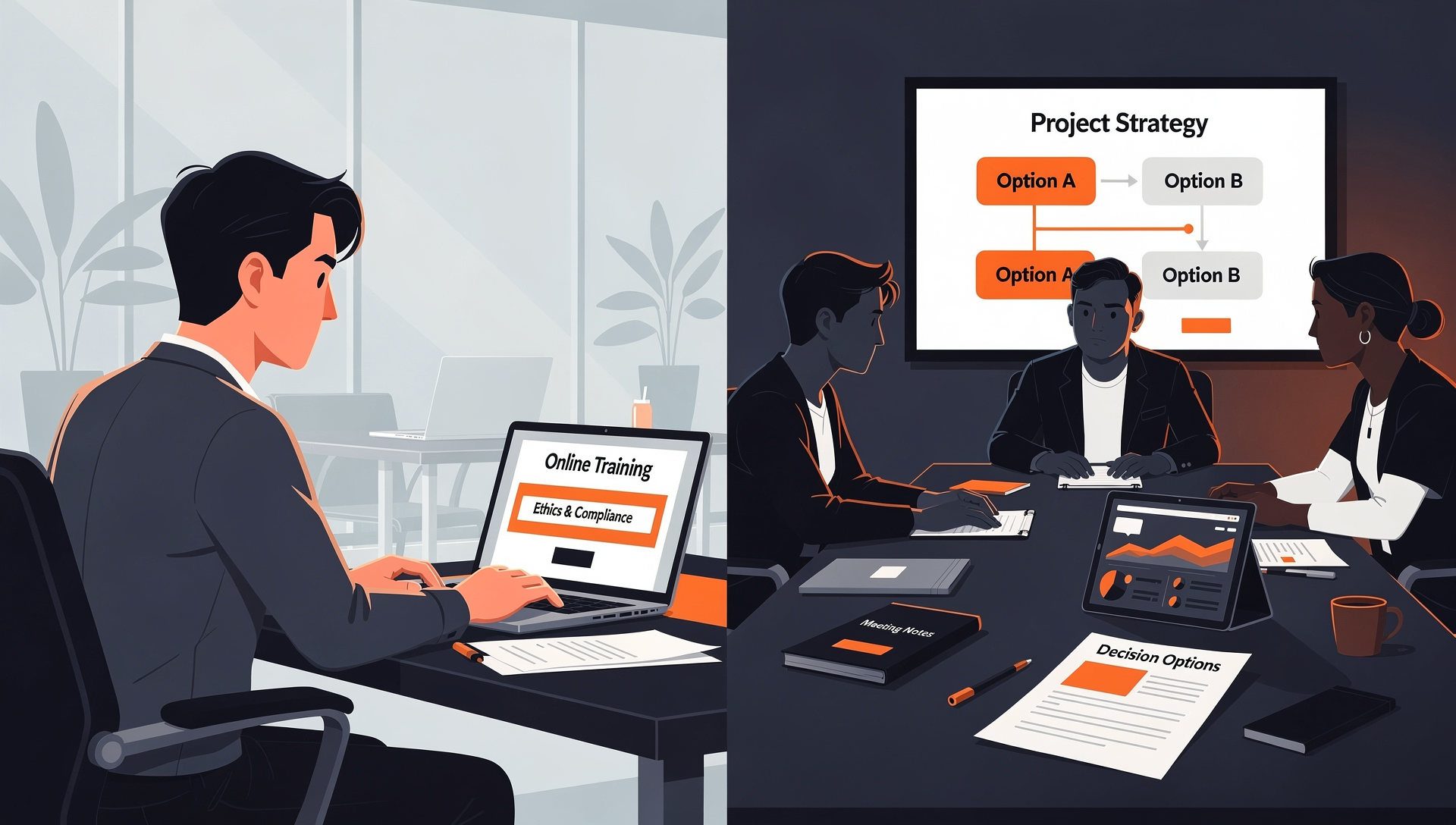 Split illustration showing an employee completing online training on one side, and a team collaborating to make decisions on the other.