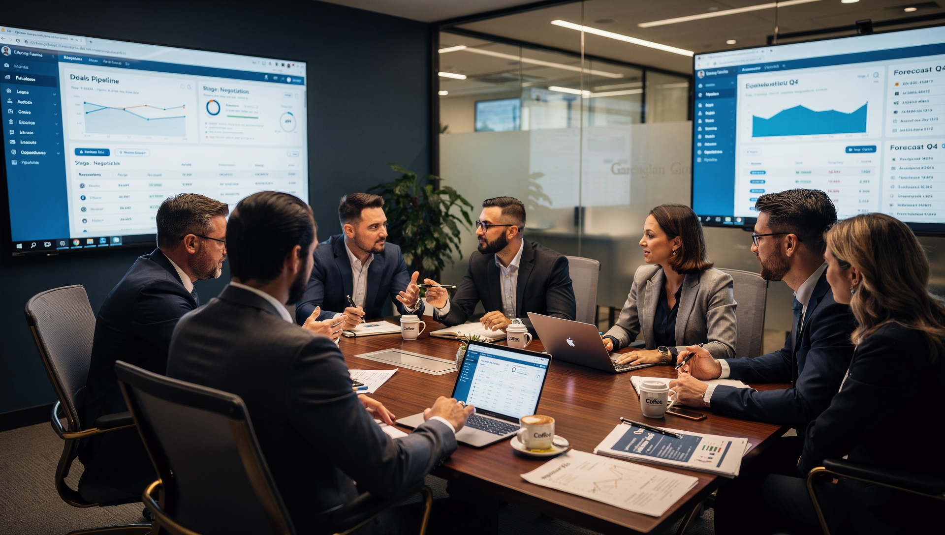 Sales team collaborating on a live deal with pipeline data and discussion