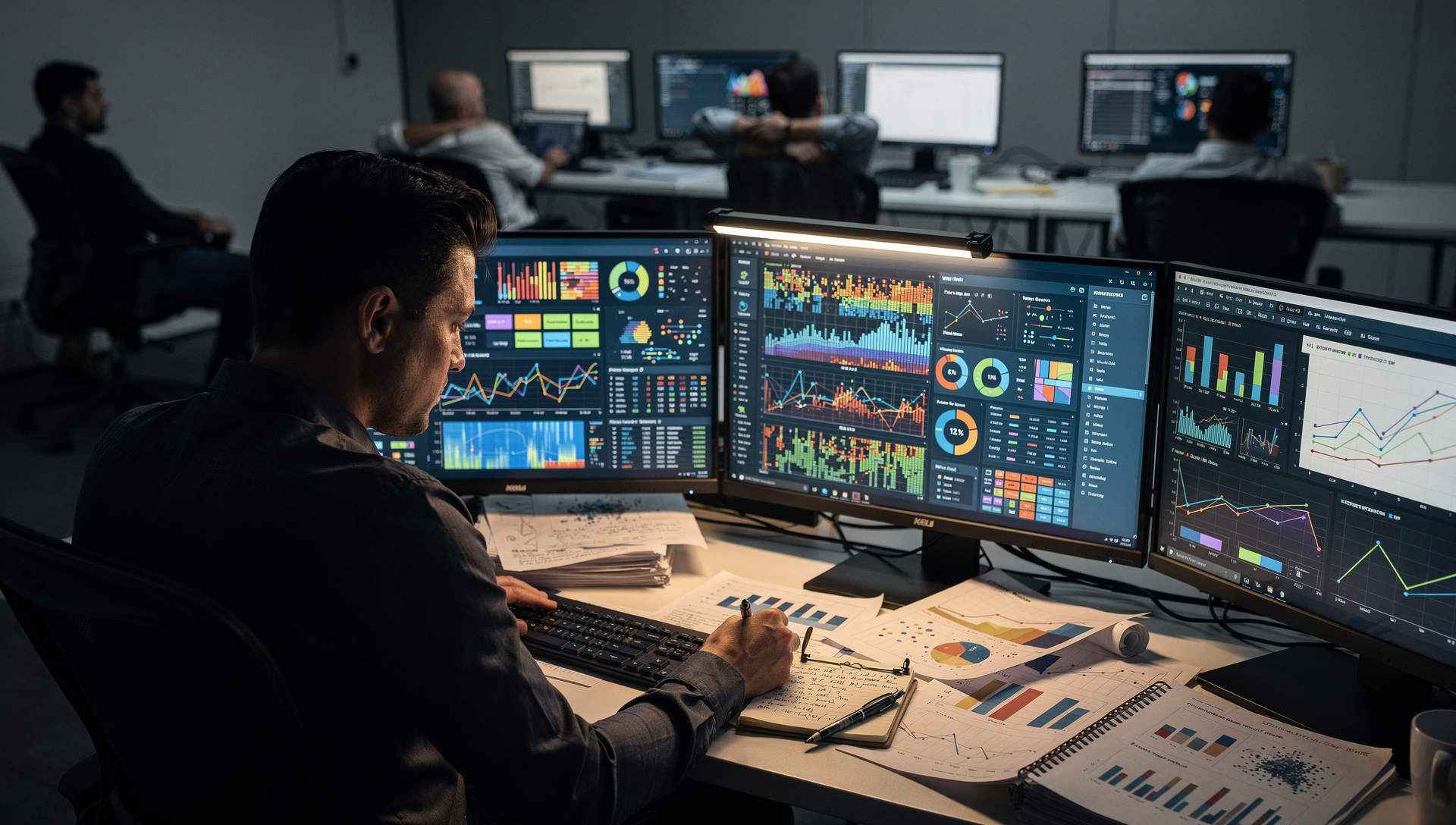 Analyst overwhelmed by multiple dashboard screens highlighting AI insights overload